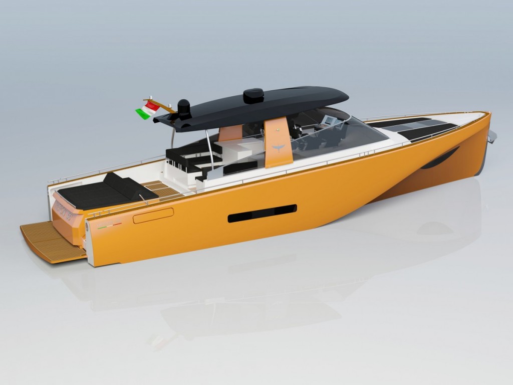 Render di un Heron 56 arancione