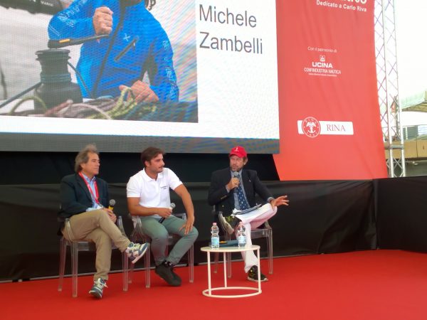 Michele Zambelli al Salone Nautico di Genova mentre racconta la Ostar 2017