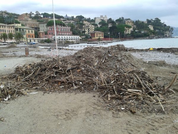 mareggiata tigullio spiaggia s. margherita cumulo di detriti