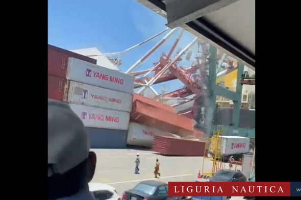 A container ship knocks over two cranes during manoeuvres in Taiwan