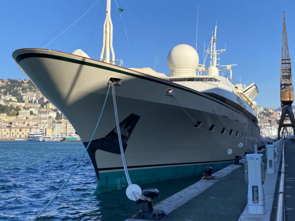 The mega yacht “Kingdom 5KR” by Benetti is in Genoa. It was used as a set for a James Bond film