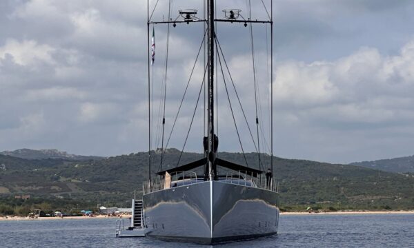 The sailing yacht, Sarissa, sighted at Porto Pollo, Sardinia